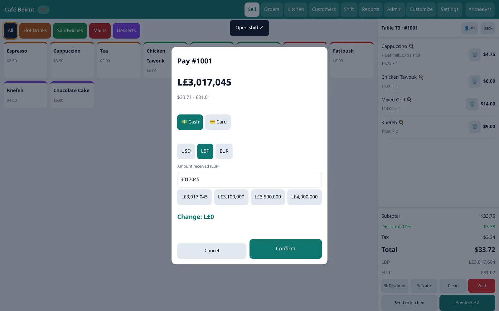 Onceledger POS dual-currency payment screen, USD and LBP
